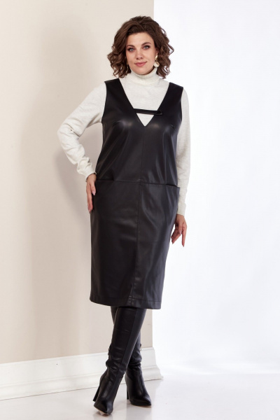 Черный сарафан из экокожи с карманами и молнией AVA fashion М-080 черный - фото 1