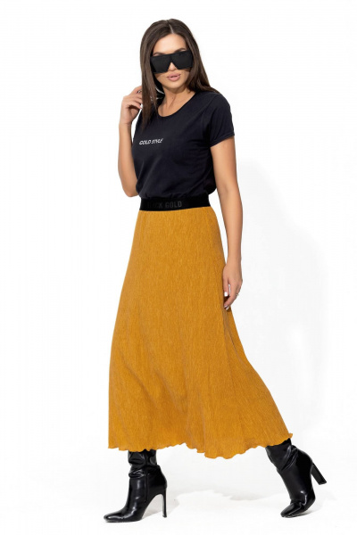 Юбка трапеция макси с поясом из эластичной жатки для повседневных образов Gold Style 2667 горчица - фото 5