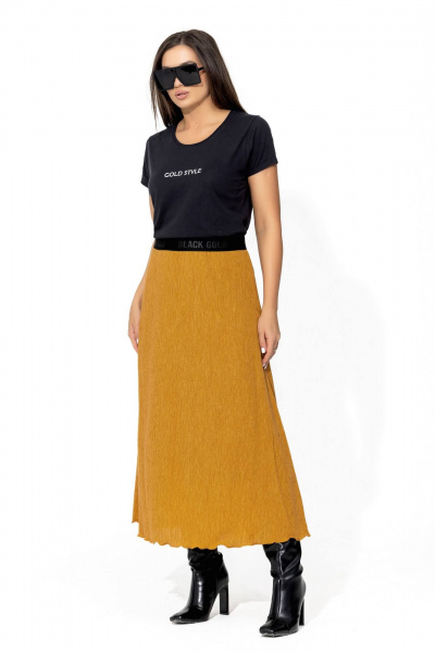 Юбка трапеция макси с поясом из эластичной жатки для повседневных образов Gold Style 2667 горчица - фото 1
