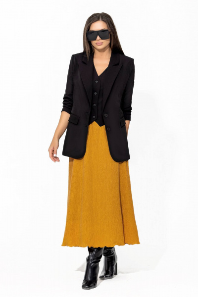 Юбка трапеция макси с поясом из эластичной жатки для повседневных образов Gold Style 2667 горчица - фото 3