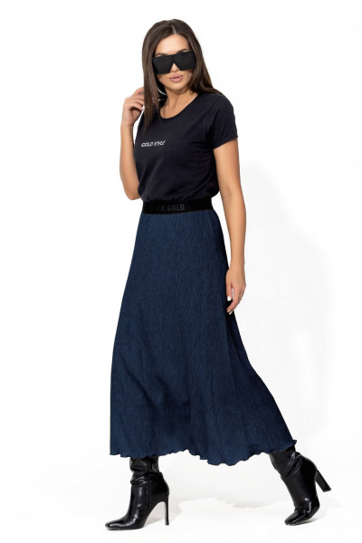 Юбка трапеция средней длинны из жатки с резинкой для женщин Gold Style 2667 темно-синий - фото 5