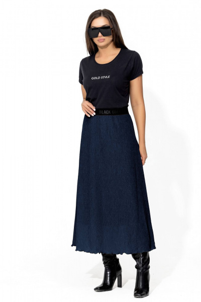 Юбка трапеция средней длинны из жатки с резинкой для женщин Gold Style 2667 темно-синий - фото 3