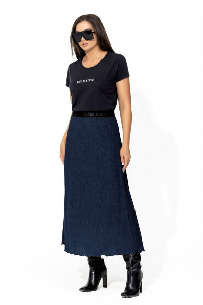 Юбка трапеция средней длинны из жатки с резинкой для женщин Gold Style 2667 темно-синий - фото 2