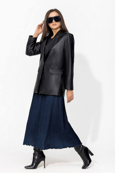 Юбка трапеция средней длинны из жатки с резинкой для женщин Gold Style 2667 темно-синий - фото 1