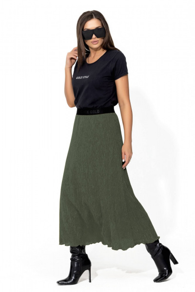 Юбка А-силуэта макси из жатки с поясом и резинкой для офиса и casual Gold Style 2667 хаки - фото 6