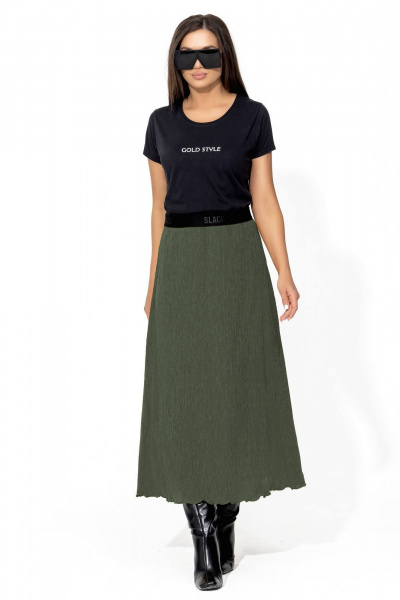 Юбка А-силуэта макси из жатки с поясом и резинкой для офиса и casual Gold Style 2667 хаки - фото 5