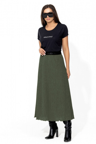 Юбка А-силуэта макси из жатки с поясом и резинкой для офиса и casual Gold Style 2667 хаки - фото 4