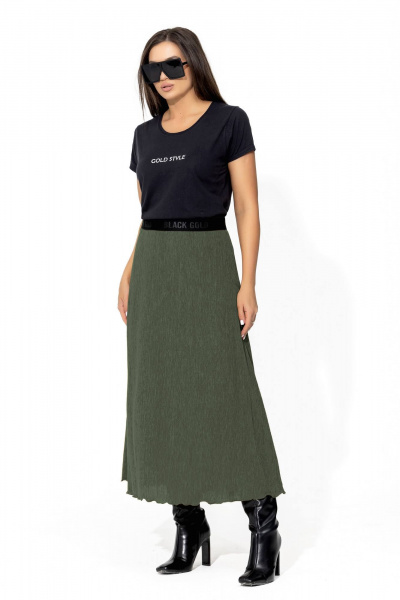 Юбка А-силуэта макси из жатки с поясом и резинкой для офиса и casual Gold Style 2667 хаки - фото 3