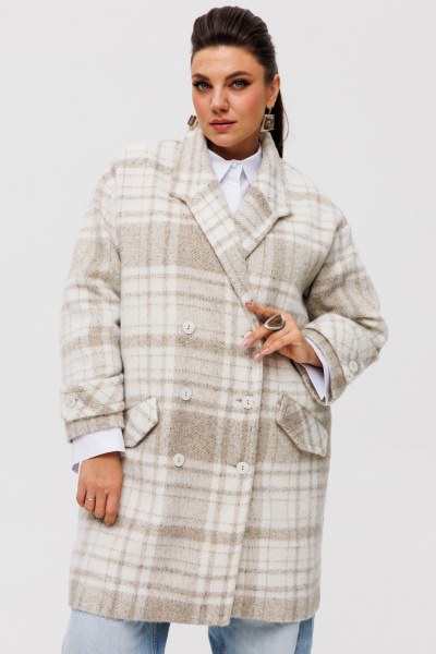 Пальто оверсайз с двубортным кроем и карманами из пальтовой ткани Anelli 1495 пастила - фото 6