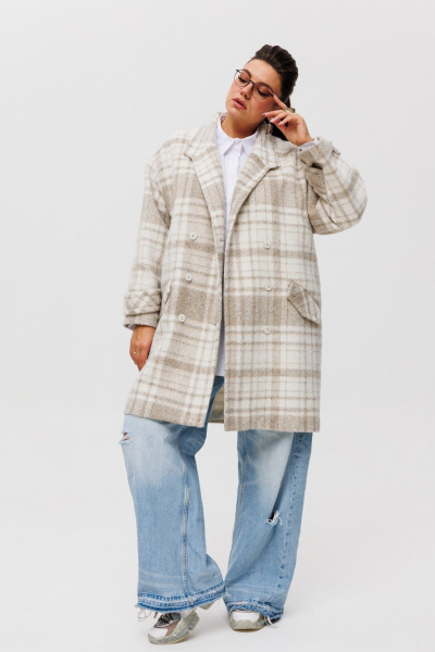 Пальто оверсайз с двубортным кроем и карманами из пальтовой ткани Anelli 1495 пастила - фото 3