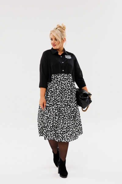 Демисезонное платье с элементами в стиле квик и сборками Anastasia 1107 черный/горох - фото 4