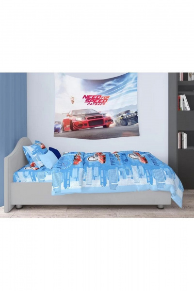 Голубой комплект постельных принадлежностей 1,5-спальный СонМаркет Бязь Машинки 2 1,5-а спальный - фото 1