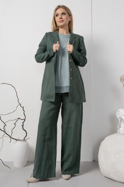 Зеленые льняные брюки с карманами на резинке AMORI 5194 темно-зеленый - фото 8