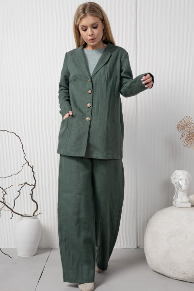 Зеленые льняные брюки с карманами на резинке AMORI 5194 темно-зеленый - фото 6