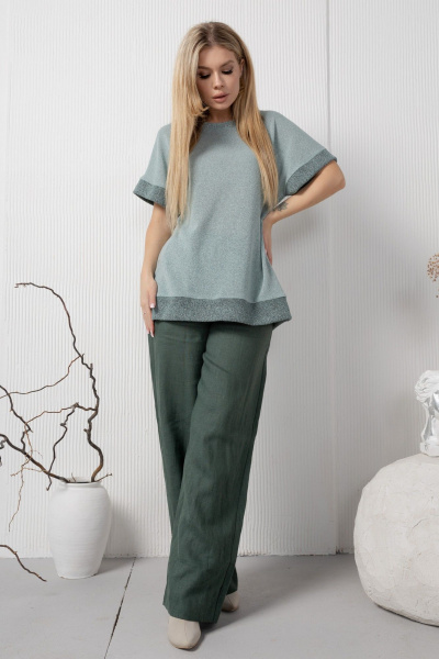 Зеленые льняные брюки с карманами на резинке AMORI 5194 темно-зеленый - фото 3