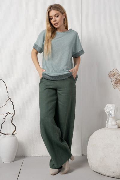 Зеленые льняные брюки с карманами на резинке AMORI 5194 темно-зеленый - фото 2