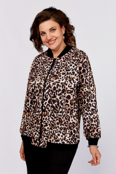 Коричневый бомбер свободного кроя в стиле casual Swallow 789 чёрный+принт"леопард" - фото 1