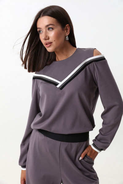 Комплект из трикотажного джемпера и брюк с экокожей LM К1347 серый - фото 7