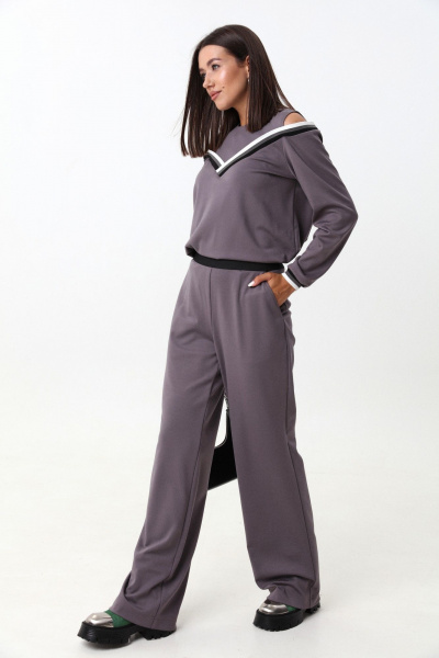 Комплект из трикотажного джемпера и брюк с экокожей LM К1347 серый - фото 4
