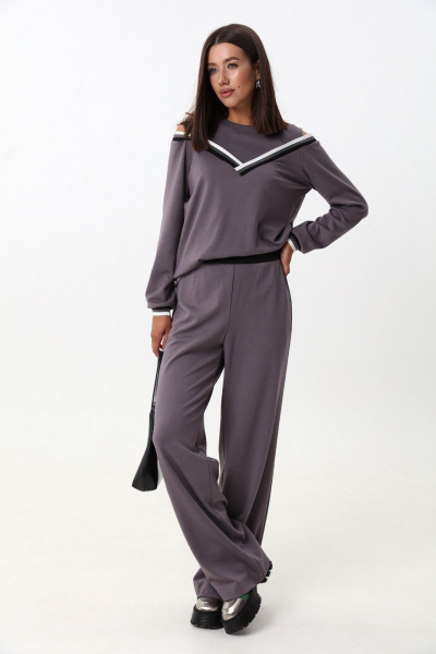 Комплект из трикотажного джемпера и брюк с экокожей LM К1347 серый - фото 3