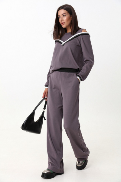 Комплект из трикотажного джемпера и брюк с экокожей LM К1347 серый - фото 2