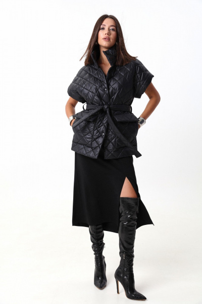 Тёплый стеганый жилет из объемной ткани с поясом LM М14 черный - фото 4