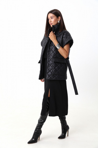 Тёплый стеганый жилет из объемной ткани с поясом LM М14 черный - фото 2