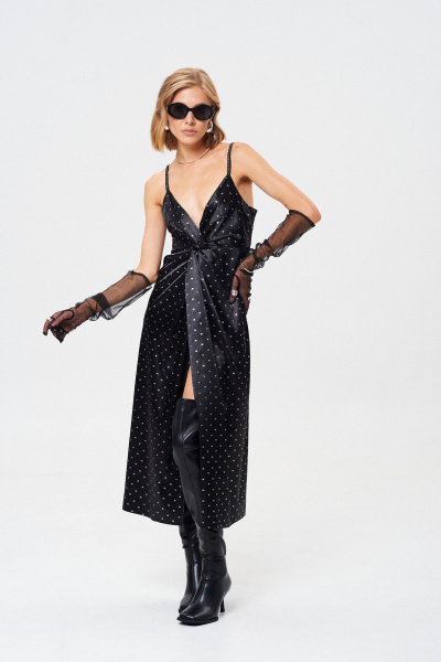 Элегантное атласное платье с принтом и декоративной тесьмой Mixan 5085 - фото 1