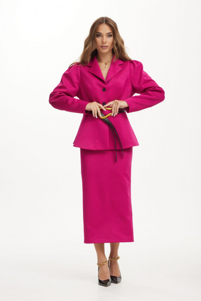 Деловой демисезонный костюм из трикотажа жакет и юбка розового цвета Vesnaletto 3981 - фото 3