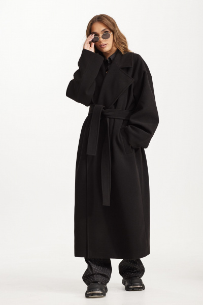 Черное пальто макси с пиджачным воротником и поясом Vesnaletto 3982 - фото 16