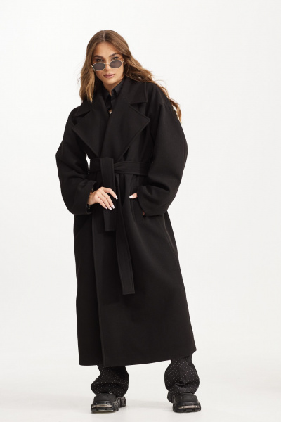 Черное пальто макси с пиджачным воротником и поясом Vesnaletto 3982 - фото 14