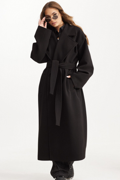 Черное пальто макси с пиджачным воротником и поясом Vesnaletto 3982 - фото 13