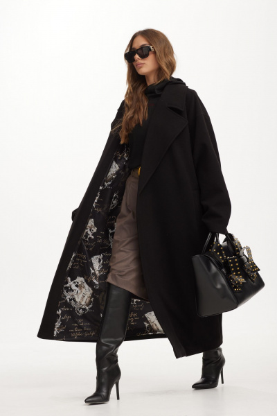 Черное пальто макси с пиджачным воротником и поясом Vesnaletto 3982 - фото 12