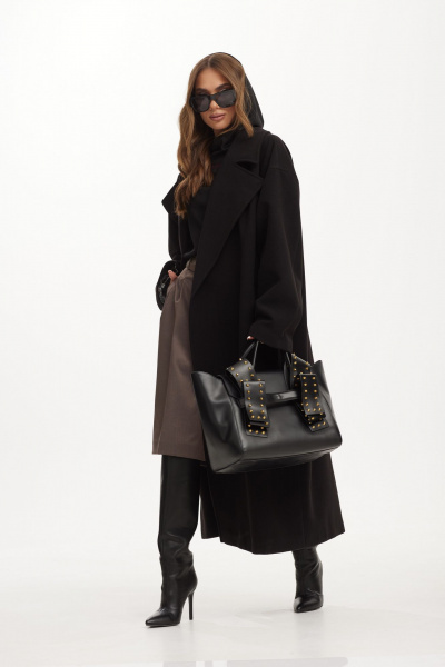 Черное пальто макси с пиджачным воротником и поясом Vesnaletto 3982 - фото 11