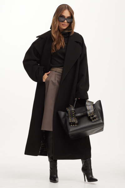 Черное пальто макси с пиджачным воротником и поясом Vesnaletto 3982 - фото 10