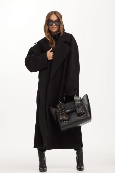 Черное пальто макси с пиджачным воротником и поясом Vesnaletto 3982 - фото 9