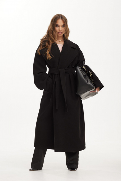 Черное пальто макси с пиджачным воротником и поясом Vesnaletto 3982 - фото 8
