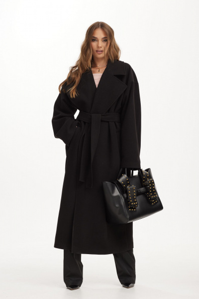 Черное пальто макси с пиджачным воротником и поясом Vesnaletto 3982 - фото 7