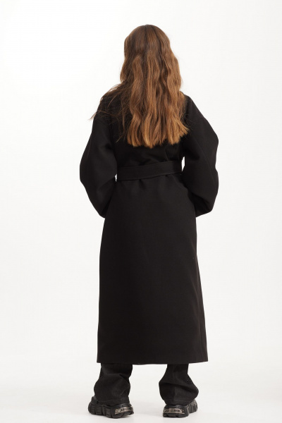 Черное пальто макси с пиджачным воротником и поясом Vesnaletto 3982 - фото 2