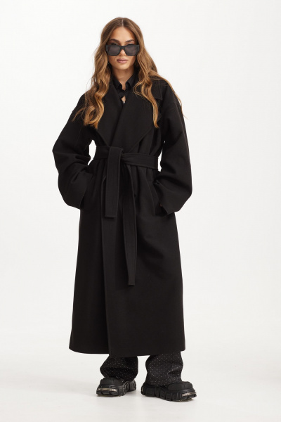 Черное пальто макси с пиджачным воротником и поясом Vesnaletto 3982 - фото 1