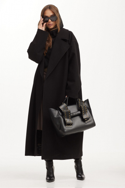 Черное пальто макси с пиджачным воротником и поясом Vesnaletto 3982 - фото 3