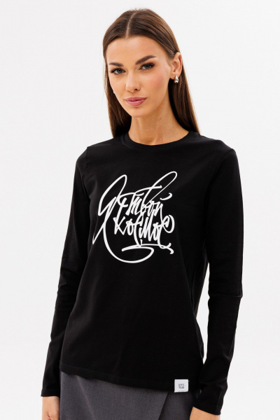 Черный лонгслив из хлопка с принтом, комфортный стиль Kivviwear 4061.64 - фото 2