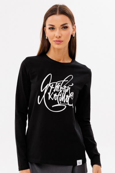 Черный лонгслив из хлопка с принтом, комфортный стиль Kivviwear 4061.64 - фото 1