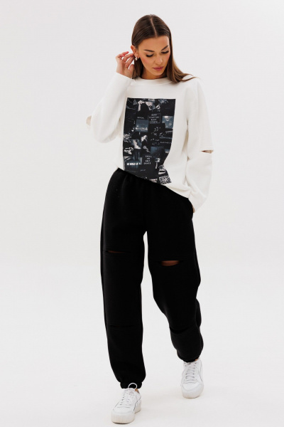 Молочный свитшот свободного силуэта с разрезами Kivviwear 4223.05 - фото 14