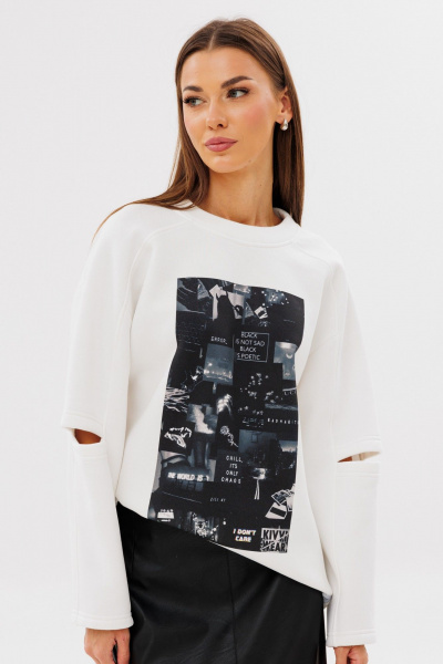 Молочный свитшот свободного силуэта с разрезами Kivviwear 4223.05 - фото 6