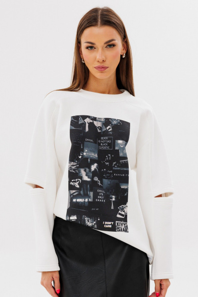 Молочный свитшот свободного силуэта с разрезами Kivviwear 4223.05 - фото 5