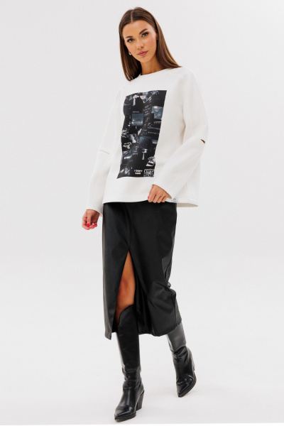 Молочный свитшот свободного силуэта с разрезами Kivviwear 4223.05 - фото 3