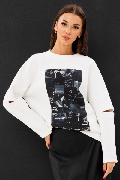 Молочный свитшот свободного силуэта с разрезами Kivviwear 4223.05 - фото 1