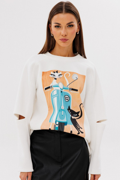 Молочный свитшот с разрезами из трикотажа и хлопка Kivviwear 4223.06 - фото 4