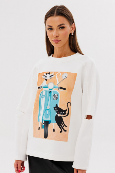 Молочный свитшот с разрезами из трикотажа и хлопка Kivviwear 4223.06 - фото 2